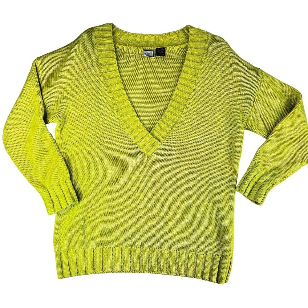 Vintage PAUL ET DUFFIER Womens V Neck Sweater Knit Lime Green Citron 80s Y2K M